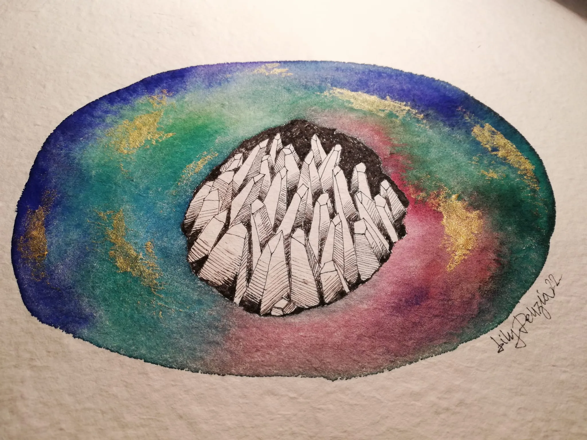 Golden Nest · Watercolour, ink and gold on paper