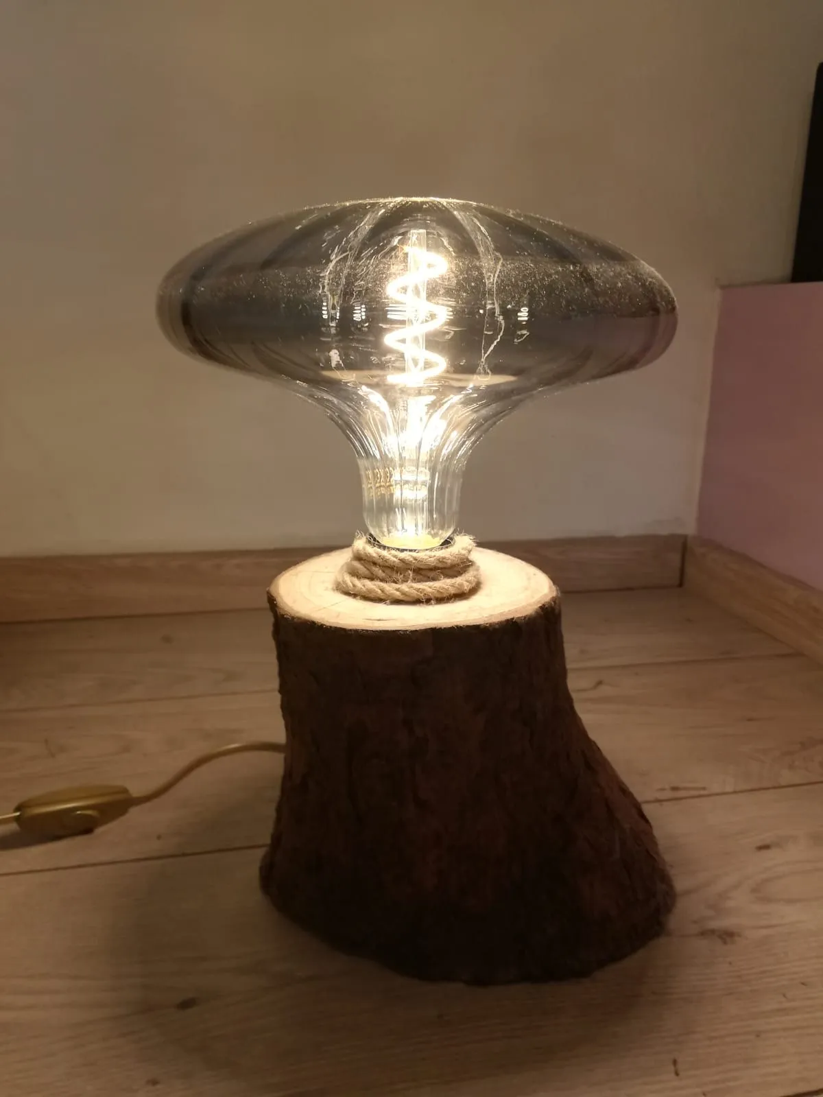 The Magic Mushroom · Natural fir wood and glass bulb with warm LED light