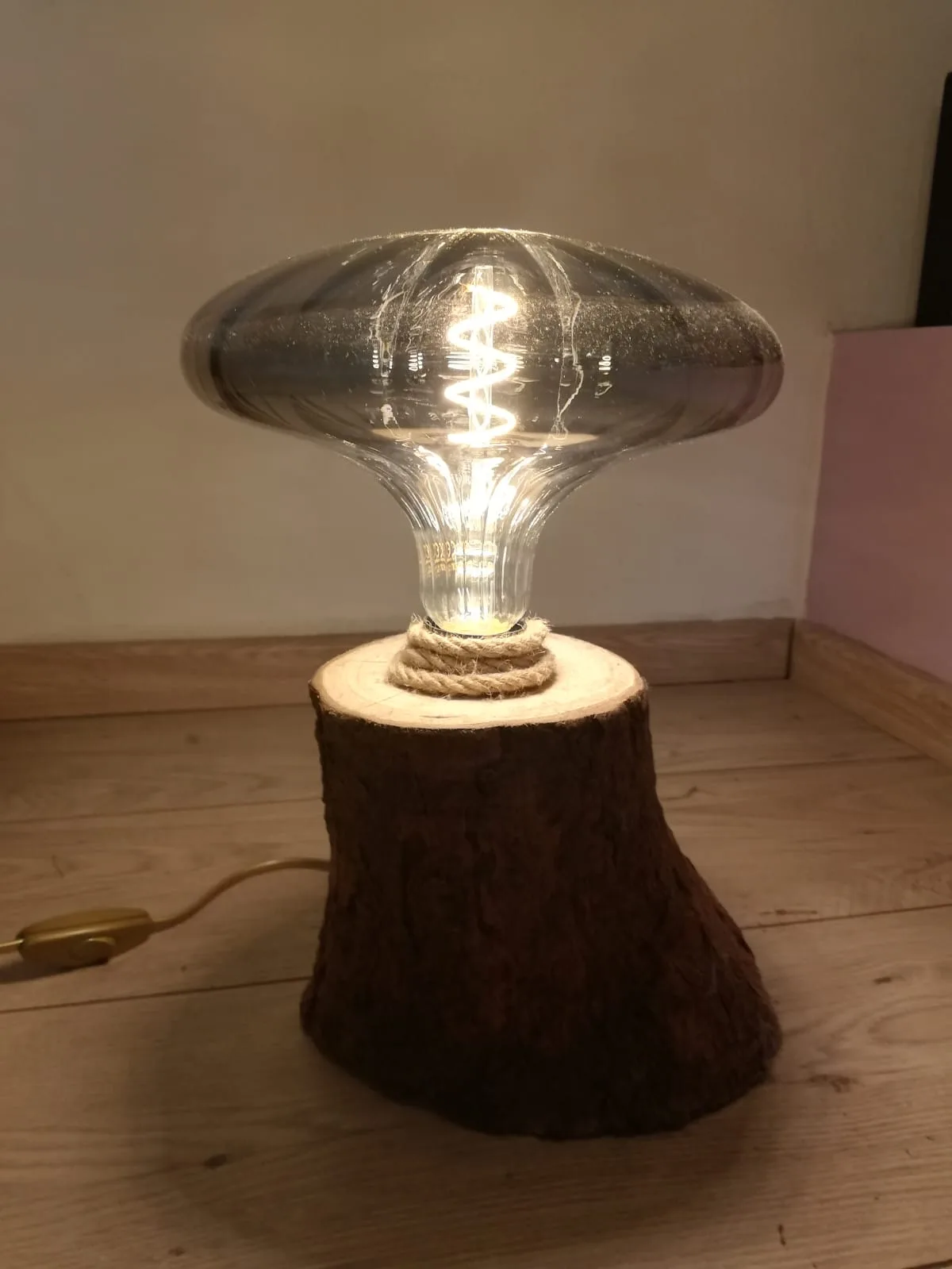 The Magic Mushroom · Natural fir wood and glass bulb with warm LED light