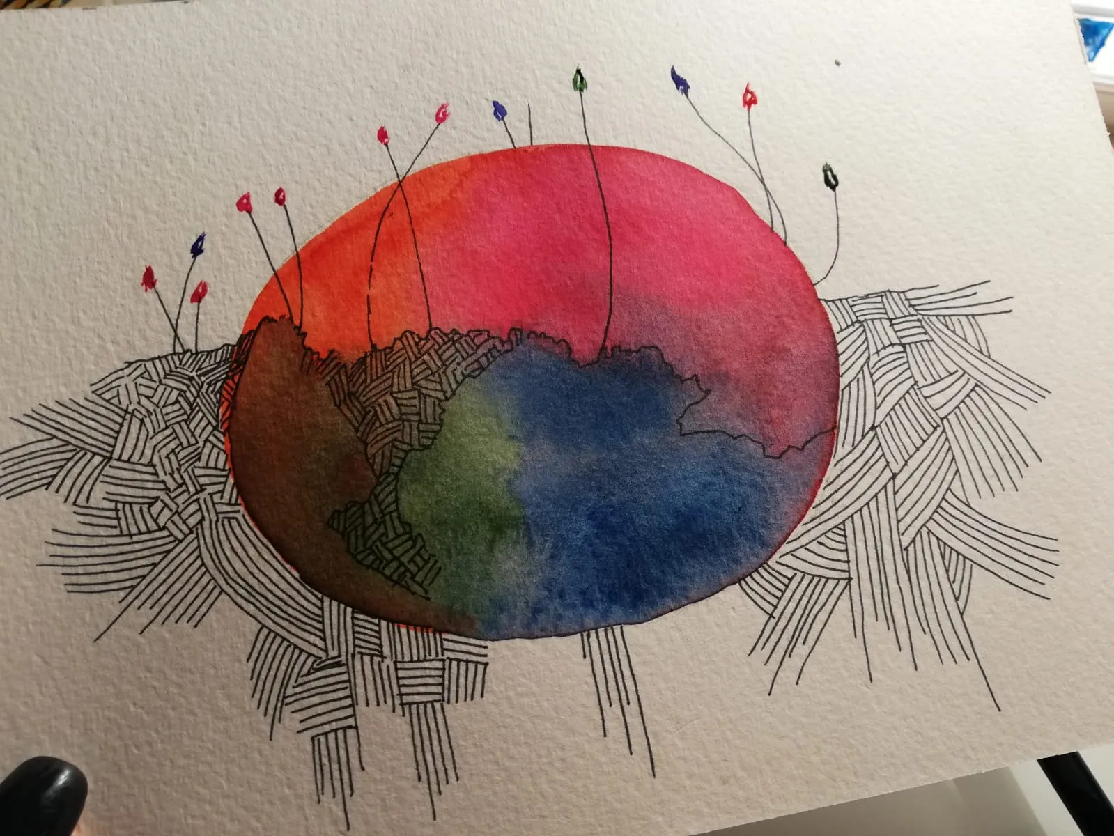 Pinned · Watercolour and ink on paper