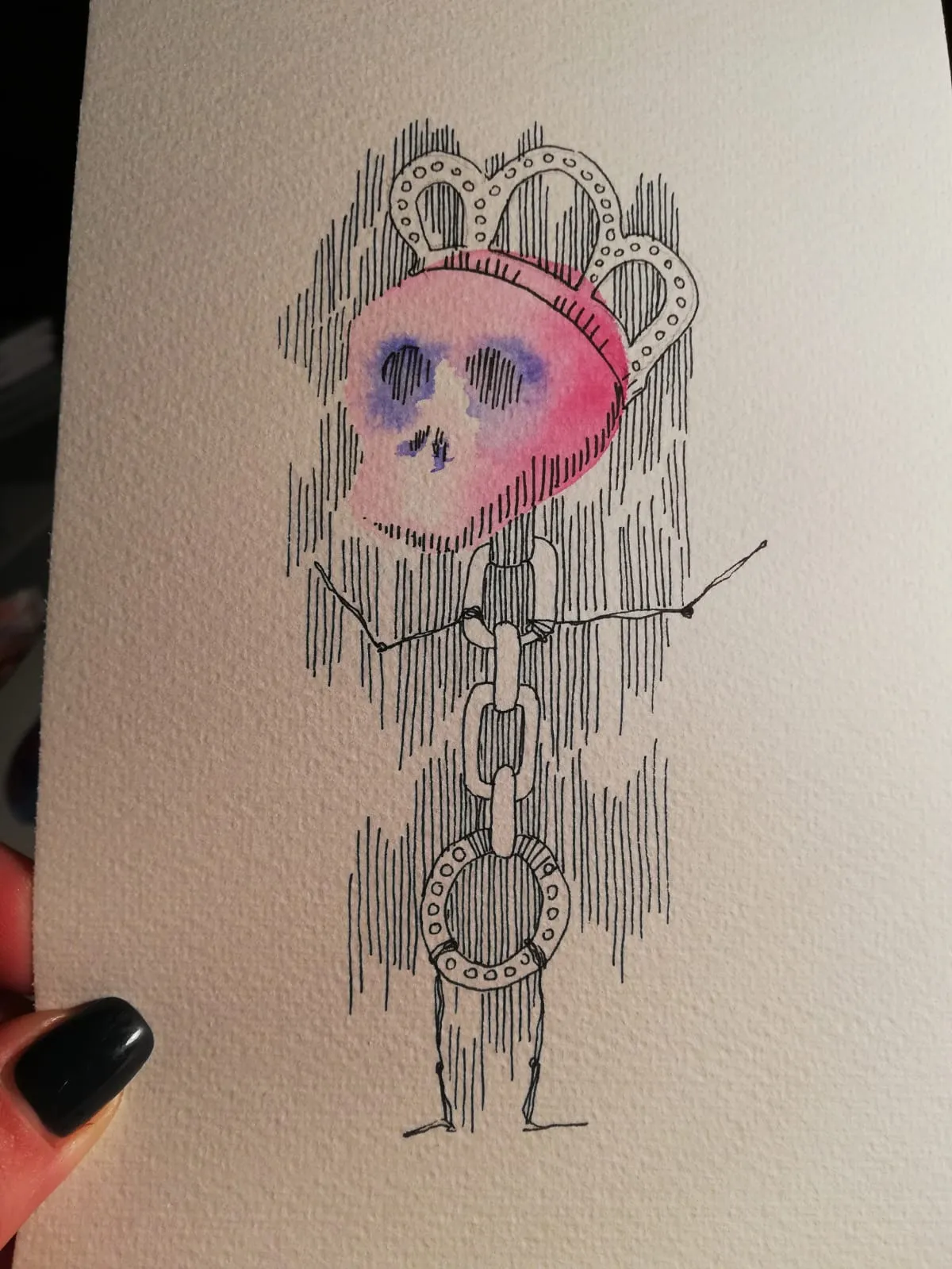 Pink Skull · Watercolour and ink on paper